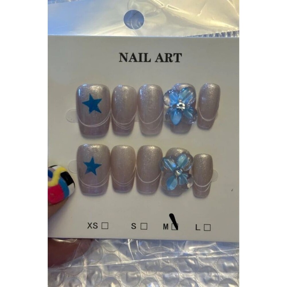 Blue 3D Flower Short Square Press On Nails Size Medium